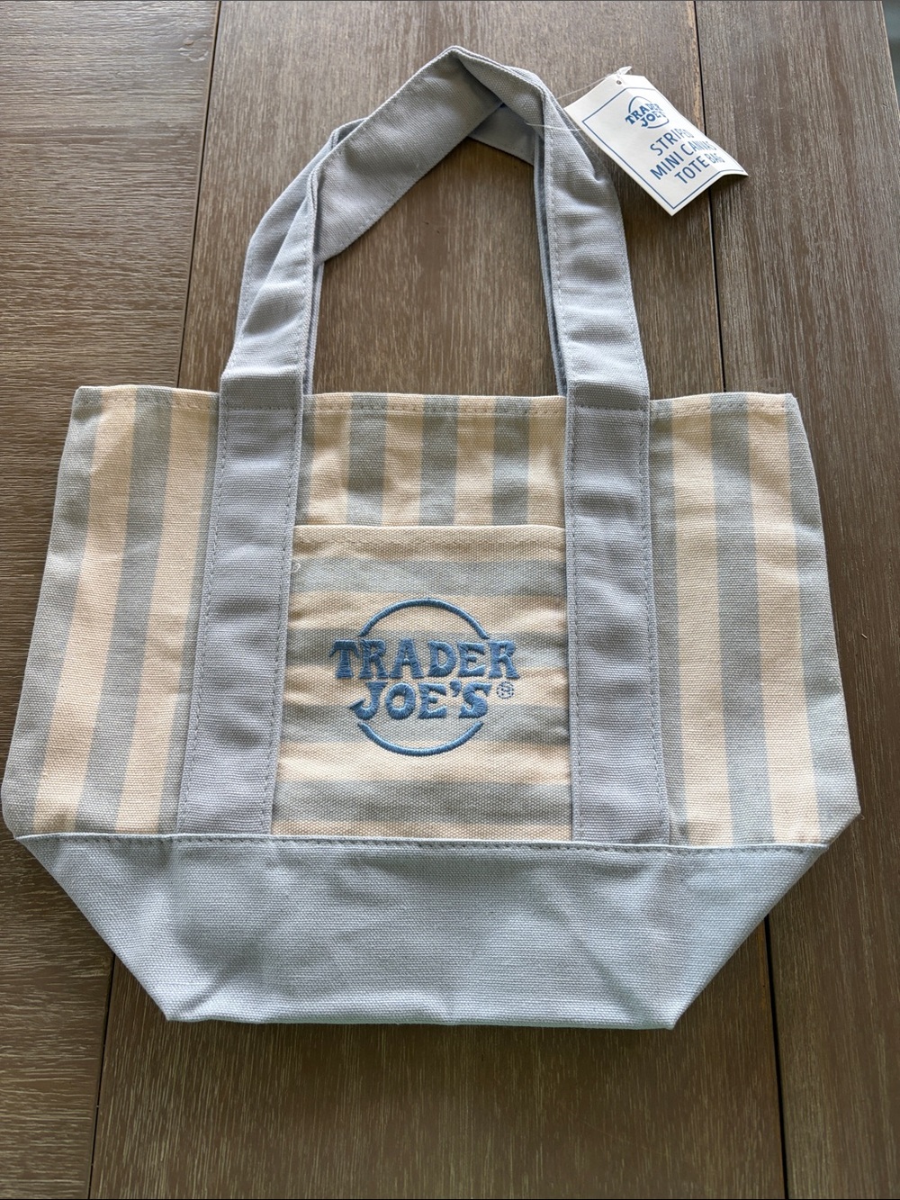 Trader Joe's Striped Canvas Tote in Light Blue and Cream